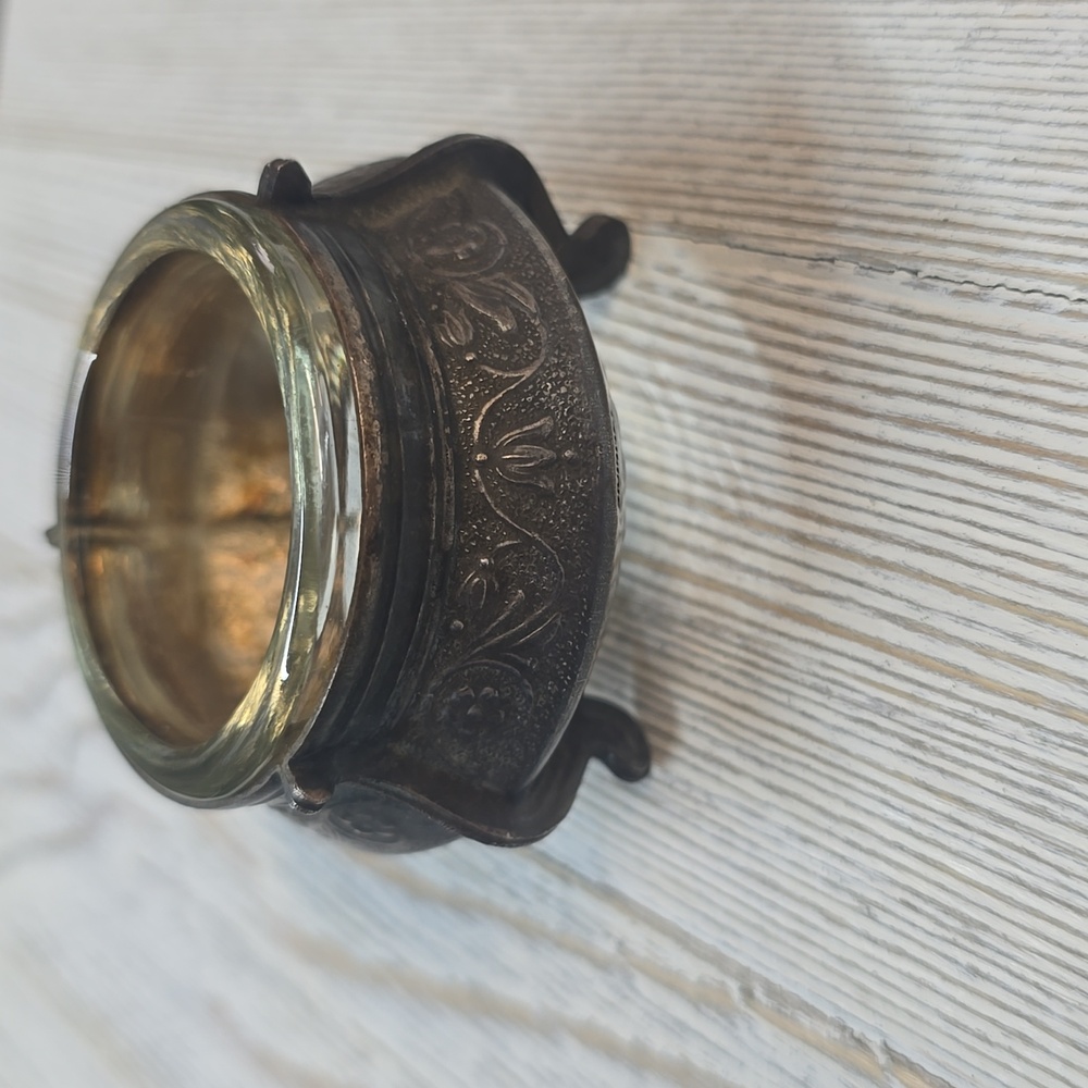Soviet  Glass Open Salt Cellar in a German Silver Round Three-Legged Stand